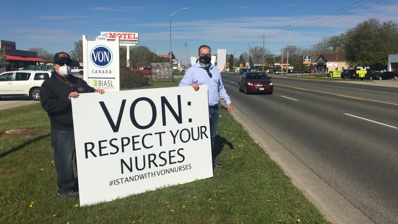 Nurses at the Victorian Order of Nurses (VON) in Sarnia, Ont. are on strike, seen on Saturday, May 1, 2021 (Brent Lale/CTV News)