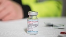 A vial of the Moderna COVID-19 vaccine is seen at a one-day pop-up vaccination clinic at the Muslim Neighbour Nexus Mosque, in Mississauga, Ont., on Thursday, April 29, 2021. THE CANADIAN PRESS/Christopher Katsarov