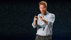 Prince Harry, Duke of Sussex, speaks at "Vax Live: The Concert to Reunite the World" on Sunday, May 2, 2021, at SoFi Stadium in Inglewood, Calif. (Photo by Jordan Strauss/Invision/AP)
