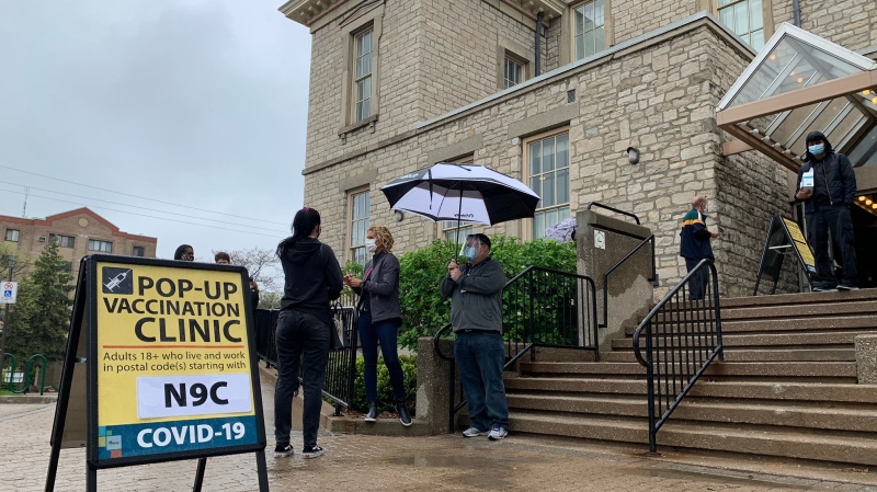A pop-up COVID-19 vaccination clinic for those 18 and older opened at Mackenzie Hall on Sandwich Street in Windsor, Ont. on Monday, May 3, 2021. (Chris Campbell/CTV Windsor)