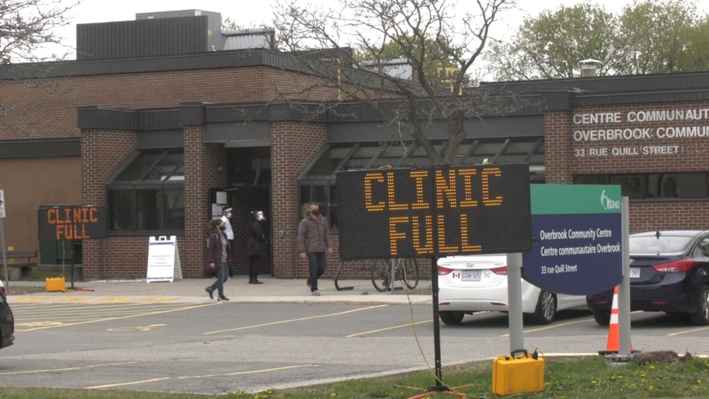 By 9 a.m., the drop-in COVID-19 vaccination clinic at the Overbrook Community Centre had booked all 500 shots. May 4, 2021. (Colton Praill / CTV News Ottawa