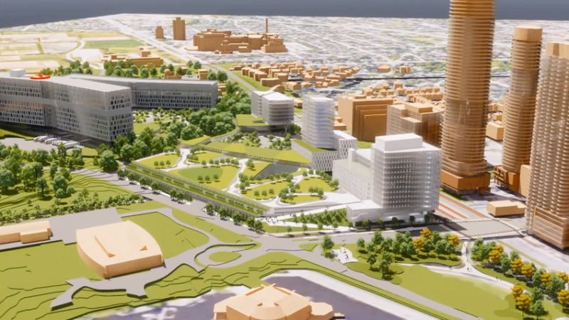 A rendering of the proposed design for the new Ottawa Hospital Civic Campus, which is scheduled to open in 2028. This image shows the view of the campus from Dow's Lake. (Image courtesy of The Ottawa Hospital)