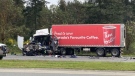 Two trucks collided on the Nanaimo Parkway on Wednesday, May 5, 2021. (CTV News)
