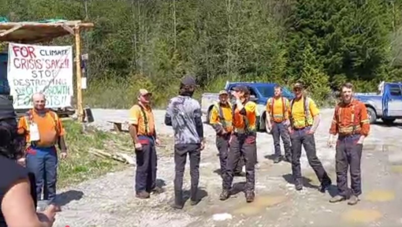 The argument erupted Tuesday, May 4, 2021, between forestry workers and anti-logging activists on Vancouver Island. (Rainforest Flying Squad) 