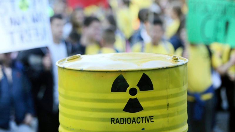 A container imitating one that would hold nuclear was is pictured at a protest in Novi Grad, Bosnia on Friday, Sept. 27, 2019. (AP Photo/Radivoje Pavicic)