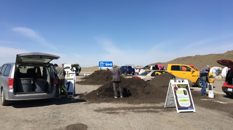 Regina residents collect free compost from the Yard Waste Depot on May 7, 2021. (Taylor Rattray/CTV News) 