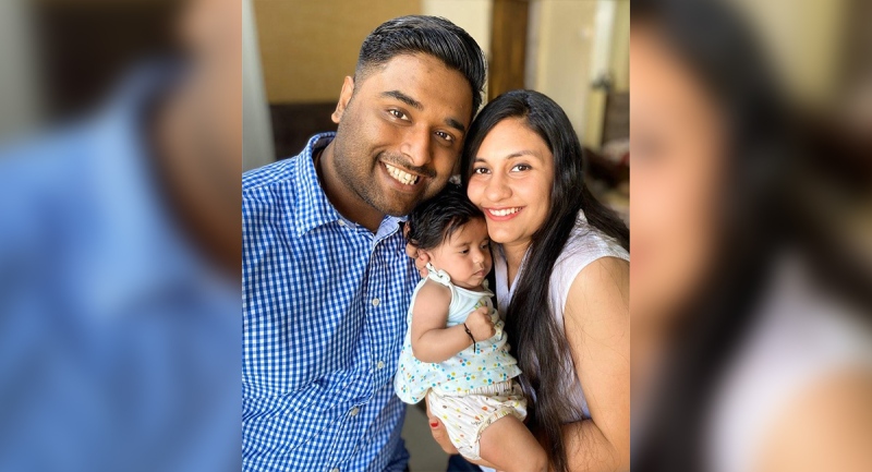 Vikas Kaushal is seen with his wife and five-month-old daughter in this family photo.
