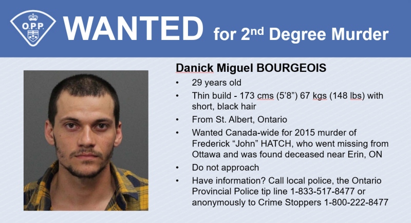 OPP have issued a Canada-wide arrest warrant for Danick Miguel Bourgeous, 29, of St. Albert, Ont. in connection with the 2015 death of Frederick 'John' Hatch. (OPP handout)