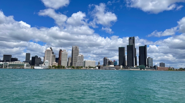 Detroit skyline view from Windsor, Ont. on May 11, 2021. (Melanie Borrelli/CTV Windsor)