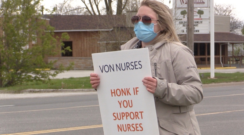 VON nurse Alicia Pegg on picket line in Sarnia, Ont. on May 11, 2021. (Brent Lale/CTV London)