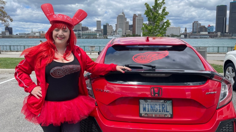 Detroit Red Windsor super fan Heather Petrie in Windsor, Ont., on Tuesday, May 11, 2021. (Melanie Borrelli / CTV Windsor)