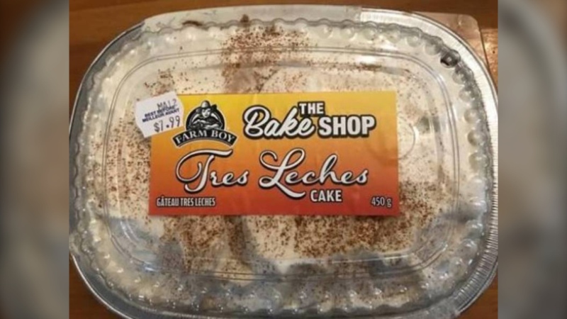 Tres Leches Cake under the Farm Boy The Bake Shop brand sold in Ontario with a best before date of May 12 are being recalled due to unlabelled wheat. (Photo via Canadian Food Inspection Agency)
