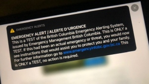 B.C.'s emergency alert test is seen in this undated image. (File photo)
