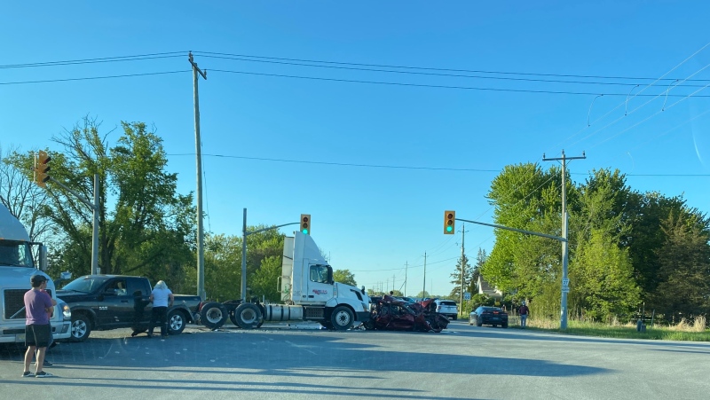 Police, paramedics and fire crews were on scene of a collision on County Road 42 in Belle River, Ont. on Wednesday, May 12, 2021. (Dan Cress/CTV Windsor)
