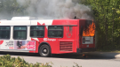 A fire onboard an OC Transpo bus on Carsons Road on Thursday, May 13. (Photo courtesy: Twitter/KellyNeall)