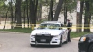 Police on scene of a stabbing incident in the area of University University Crescent and Patricia Street in London, Ont. on Saturday, May 15, 2021. (Jordyn Read/CTV London)