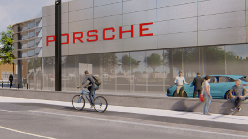 Artist's render of a proposed Porsche dealership at the corner of Montreal Road and St. Laurent Boulevard in Ottawa. (Image by Q9 Planning and Design, prepared for Mark Motors of Ottawa. Obtained via City of Ottawa)