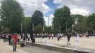 Hundreds of people gathered to protest provincial lockdown measures in London, Ont. on Saturday, May 15, 2021. (Jordyn Read/CTV London)