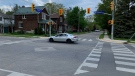 The intersection of Woolwich Street and Powell Street in Guelph, near where the crash happened, is seen on May 16, 2021. (Krista Sharpe/CTV Kitchener) 
