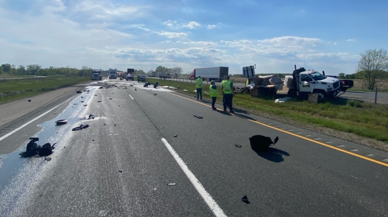 A crash on the eastbound Highway 401 near Dutton, Ont. on Monday, May 17, 2021. (Source: OPP)