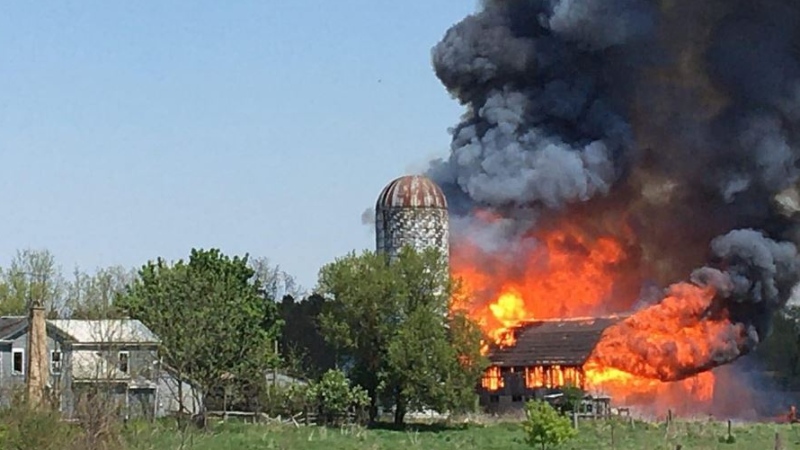 Barn fire on Colonel Talbot Road in London, Ont. on May 18, 2021.  (Irma Huyben)