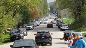 Vehicles line a road near Mono Cliffs Provincial Park in Mono, Ont. on Sun. May 16, 2021 (supplied photo)