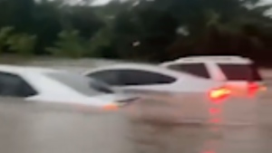 Vehicles submerged by floodwater in Louisiana