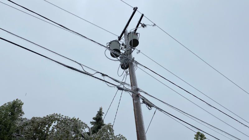 Ice coats a power line in Melville, Sask., on May 21, 2021. (Hafsa Arif/CTV News)