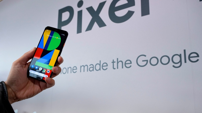 A Google Pixel 4 phone is displayed at an event announcing the product Tuesday, Oct. 15, 2019, in New York. (AP Photo/Craig Ruttle) 
