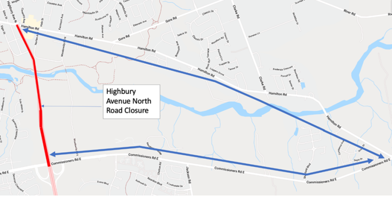 Highbury Avenue closure in London, Ont. from May 27, to May 30, 2021. (City of London)