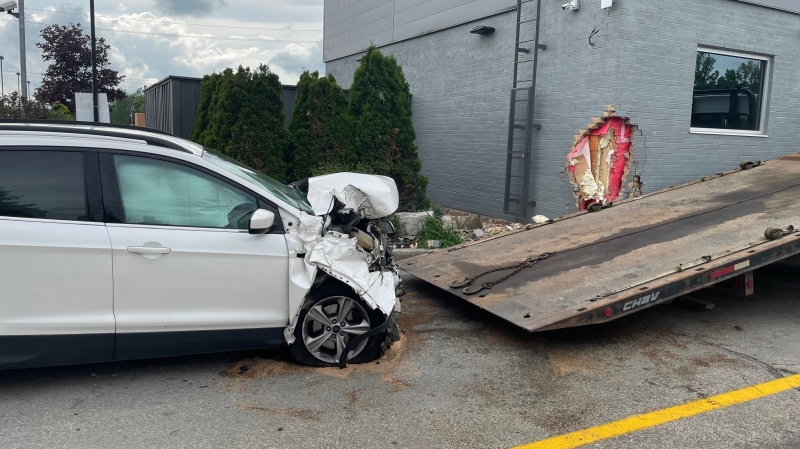 Wed., May 26, 2021 at 3:48 pm a car crashed into an Alliston McDonald's drive thru area. (Nottawasaga OPP/SUBMITTED)