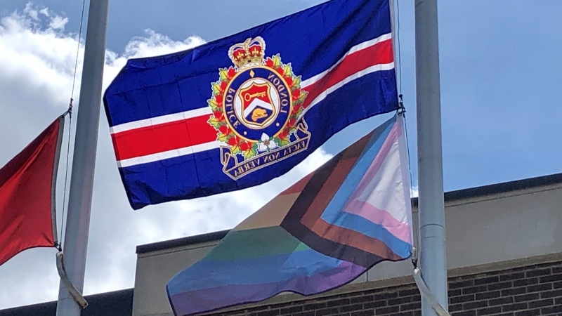 The progress Pride flag flies outside London Police Service headquarters in London, Ont. on Tuesday, June 1, 2021. (Jim Knight / CTV News)