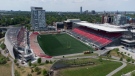 In this photo taken using a drone, TD Place is seen in Ottawa Wednesday, June 2, 2021 in Ottawa. Located at Lansdowne Park, TD Place is the home of the Ottawa REDBLACKS CFL team. (Adrian Wyld /THE CANADIAN PRESS)