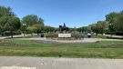 The Saskatchewan Legislative grounds' sprinklers watering the grass on a hot day in June 2021. (Colton Wiens/CTV News)