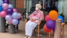 Roberta Brown celebrates her 107th birthday with family, friends and staff, outside the Salvation Army Grace Manor, where she lives. (Tyler Fleming/CTV News Ottawa)