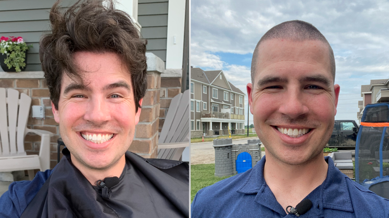 CTV Ottawa's Matt Skube before and after he had his head shaved on June 7, 2021, making good on his pledge to get a buzz cut when a campaign to raise money for youth mental health services at CHEO reached $75,000. The campaign has since raised more than $234,000. 