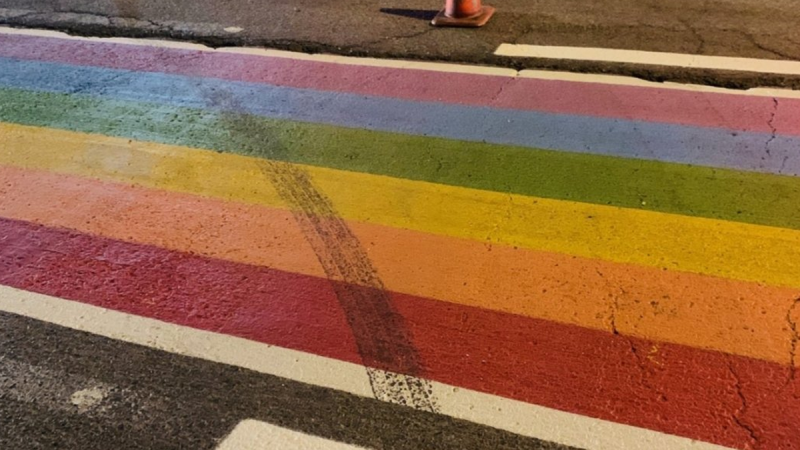 Ontario Provincial Police say the new Pride crosswalk in Kemptville was damaged Tuesday evening. (Photo courtesy: Twitter/OPP_ER)
