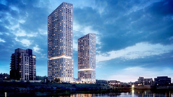 A rendering of a proposal from Pearle Hospitality, the owners of the Cambridge Mill, to build a 28-storey hotel and 37-storey condo building in downtown Cambridge. (Supplied) 