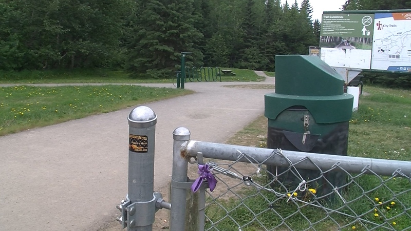 A purple bow is seen outside the entrance to Fish Creek Community Forest.
