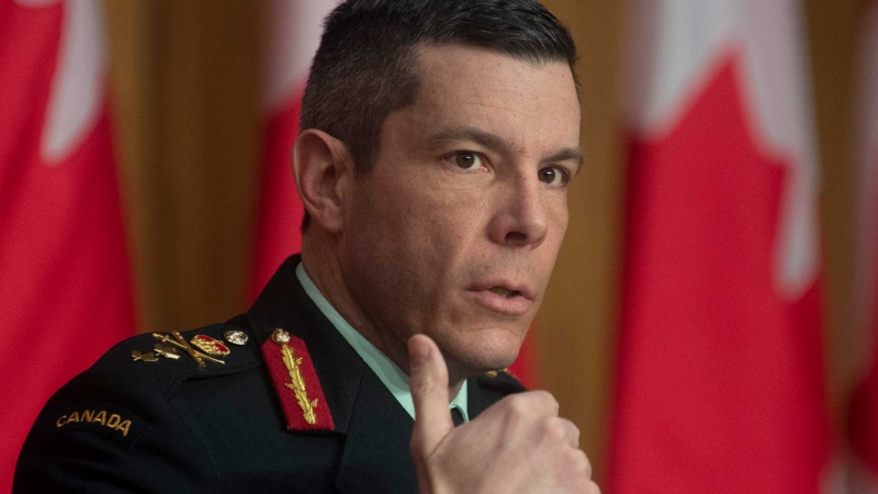 Major General Dany Fortin responds to a question on COVID vaccines during a news conference, Thursday, January 14, 2021 in Ottawa. THE CANADIAN PRESS/Adrian Wyld