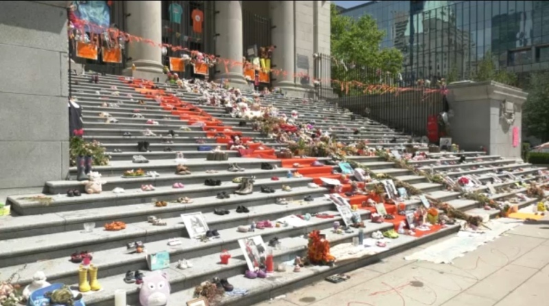 The Kamloops residential school memorial site on the steps of the Vancouver Art Gallery on Sunday, June 20, 2021.