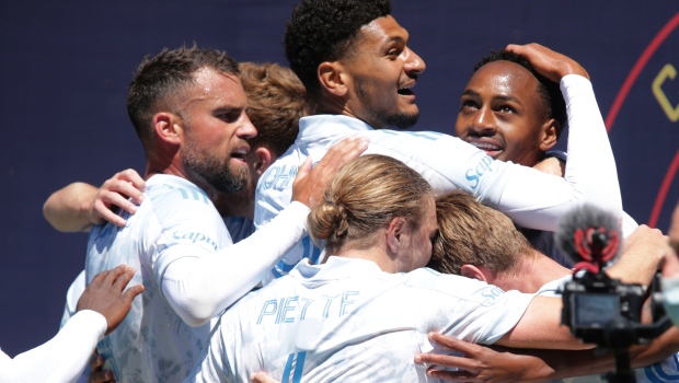 CF Montreal teammates celebrate with forward Mason Toye, right, after he scored during the second half of an MLS soccer match against the Chicago Fire Saturday, May 29, 2021, in Chicago. (AP Photo/Eileen T. Meslar) 