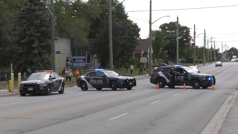 Police close area roads following an industrial accident that sent one person to hospital on Dunlop Street in Barrie, Ont. on Thurs. June 24, 2021 (Dave Erskine/CTV News)