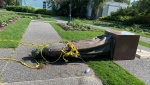 A statue of Queen Elizabeth II was toppled Thursday, July 1, 2021. (Source: Gary Robson/CTV News)