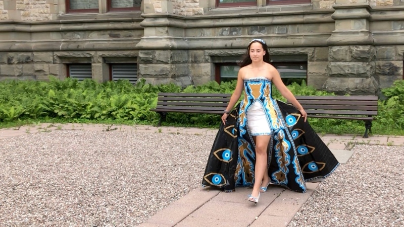 Erika Avellaneda showing off her incredible duct tape dress. Avellaneda is a finalist in a contest to win a $10,000 scholarship. (Dave Charbonneau / CTV News Ottawa)