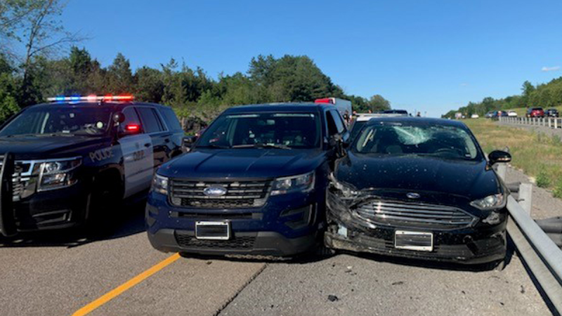 Ontario Provincial Police say the driver of a vehicle rammed a police cruiser during a traffic stop on Highway 401 about 30 km west of Kingston, Ont. on Sunday, July 4, 2021. No one was injured. (Photo: Ontario Provincial Police)