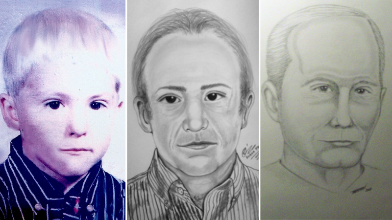 Five-year-old Adrien McNaughton (left) disappeared while on a fishing trip with his family in 1972. The two sketches are what he may look like as an adult. (OPP)