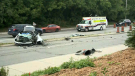 Ottawa paramedics say a man in his 20s was taken to the trauma centre in critical condition following this crash on the Vanier Parkway Tuesday, July 20, 2021. (CTV News Ottawa)