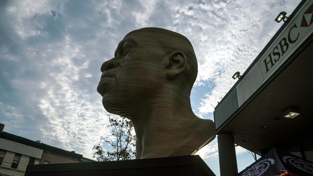 George Floyd memorial statue in New York City defaced again