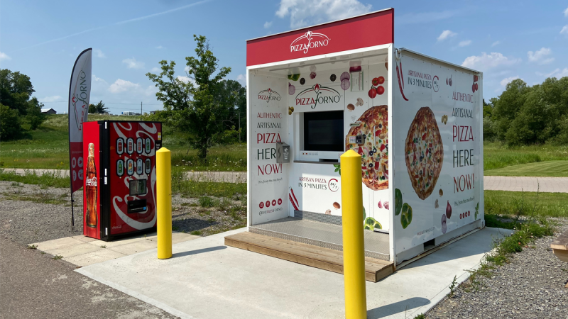 A PizzaForno pizza vending machine is open at the Esso gas station in Pembroke. (Dylan Dyson/CTV News Ottawa)